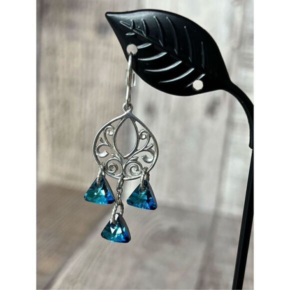 Sterling Silver 925 Swarovski Zillion Triangle Crystal Bermuda Blue Dangle Earri - Picture 1 of 8